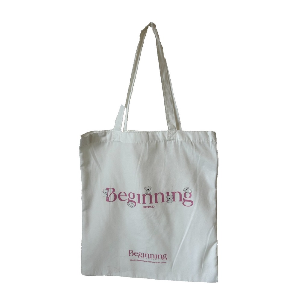 Beginning Boutique Tote Bag Reusable Shopping Bag Recycled Cotton White Pink NEW